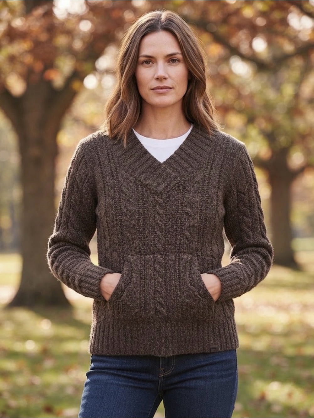Eastern Mountain Sports | brown v-neck wool front pocket pullover sweater | M